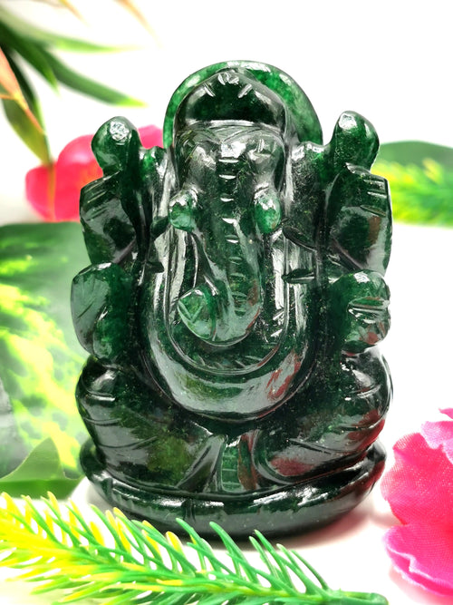 Gemstone Dark Green Aventurine Handmade Carving of Ganesh - Lord Ganesha Idol in Crystals/Gemstone -Reiki/Chakra -2.5 in and 210 gms -ONE STATUE ONLY