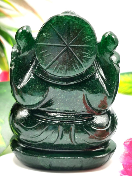 Gemstone Dark Green Aventurine Handmade Carving of Ganesh - Lord Ganesha Idol in Crystals/Gemstone -Reiki/Chakra -2.5 in and 210 gms -ONE STATUE ONLY