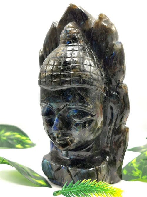 Labradorite handmade Buddha Head on leaf - serene and meditating Lord Buddha - crystal/reiki/chakra - 7.5 inches and 2.34 kg