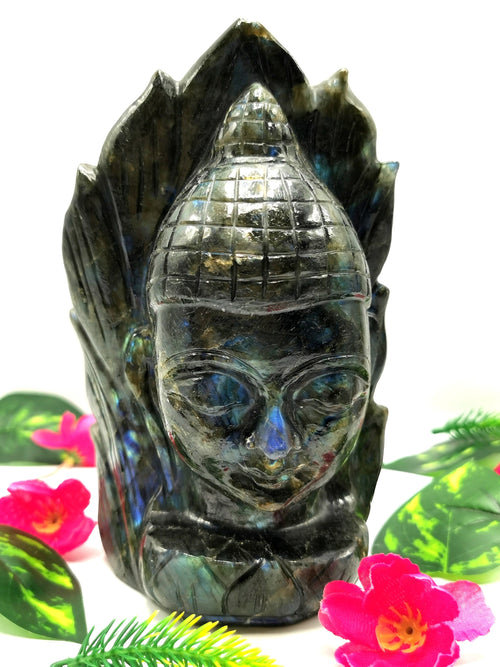 Labradorite handmade Buddha Head on leaf - serene and meditating Lord Buddha - crystal/reiki/chakra - 7.5 inches and 2.34 kg