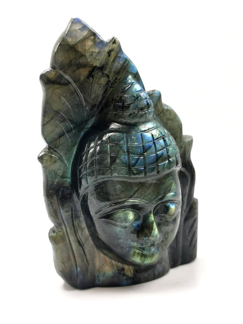 Labradorite crystal Buddha Head on leaf - handmade carving of serene and meditating Lord Buddha - crystal/reiki/chakra - 5 inches and 825 gms