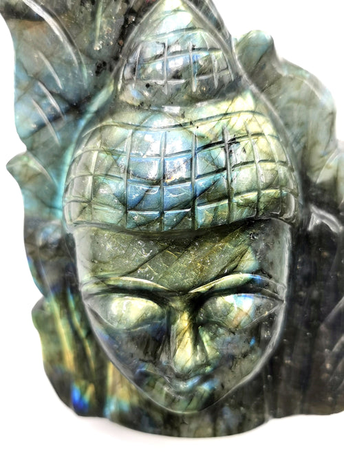 Labradorite crystal Buddha Head on leaf - handmade carving of serene and meditating Lord Buddha - crystal/reiki/chakra - 5 inches and 825 gms