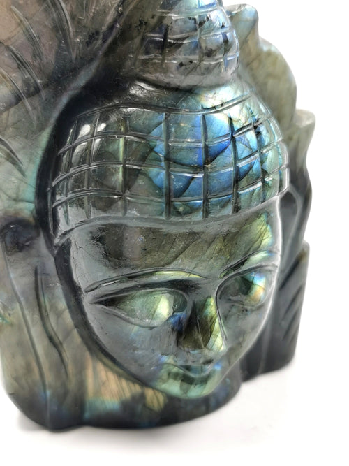Labradorite crystal Buddha Head on leaf - handmade carving of serene and meditating Lord Buddha - crystal/reiki/chakra - 5 inches and 825 gms