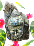 Labradorite crystal Buddha Head on leaf - handmade carving of serene and meditating Lord Buddha - crystal/reiki/chakra - 5 inches and 825 gms
