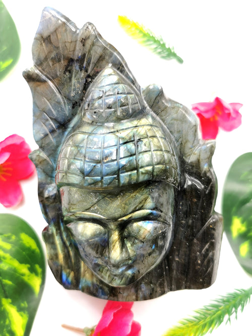 Labradorite crystal Buddha Head on leaf - handmade carving of serene and meditating Lord Buddha - crystal/reiki/chakra - 5 inches and 825 gms
