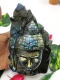 Labradorite crystal Buddha Head on leaf - handmade carving of serene and meditating Lord Buddha - crystal/reiki/chakra - 5 inches and 825 gms