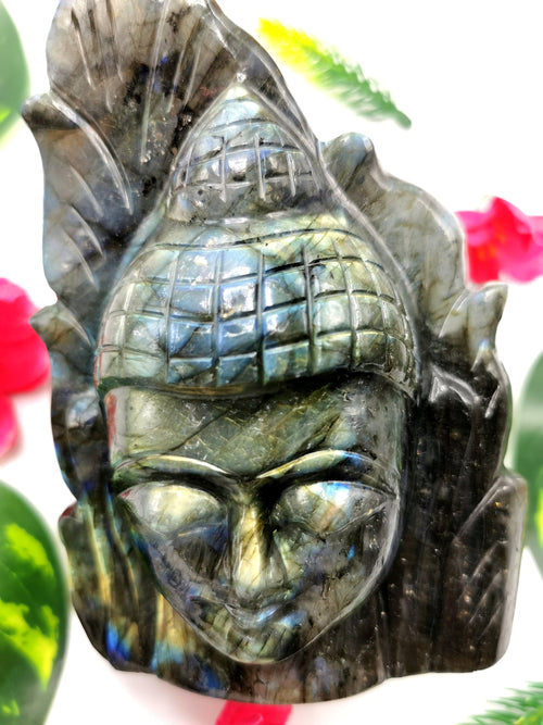 Labradorite crystal Buddha Head on leaf - handmade carving of serene and meditating Lord Buddha - crystal/reiki/chakra - 5 inches and 825 gms