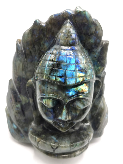 Labradorite or blacvk moonstone Buddha Head on leaf - handmade carving of serene and meditating Lord Buddha - crystal/reiki/chakra - 8 inches and 3.14 kg