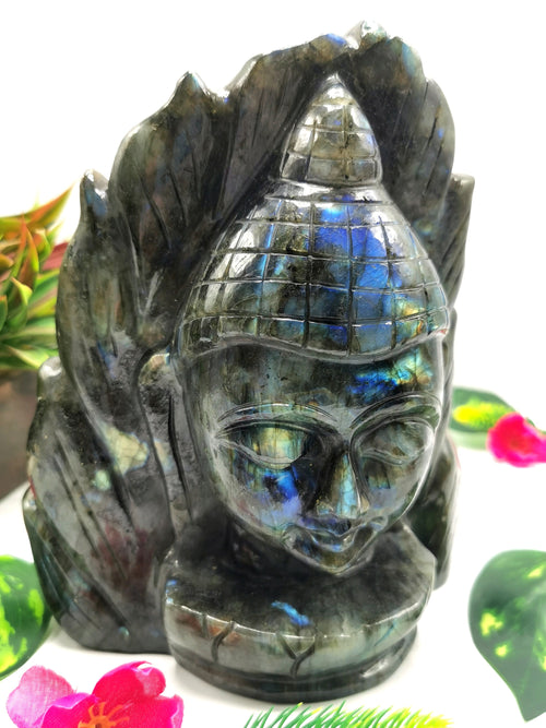 Labradorite or blacvk moonstone Buddha Head on leaf - handmade carving of serene and meditating Lord Buddha - crystal/reiki/chakra - 8 inches and 3.14 kg