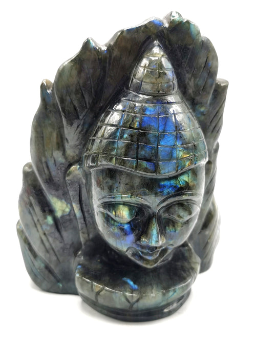 Labradorite or blacvk moonstone Buddha Head on leaf - handmade carving of serene and meditating Lord Buddha - crystal/reiki/chakra - 8 inches and 3.14 kg