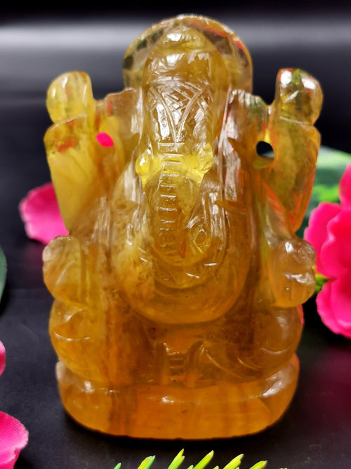 Ganesh in Yellow Fluorite Handmade - 3 in and 270 gm