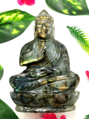 Labradorite Buddha handmade carving - 4 inches and 310 gms (0.68 lb)