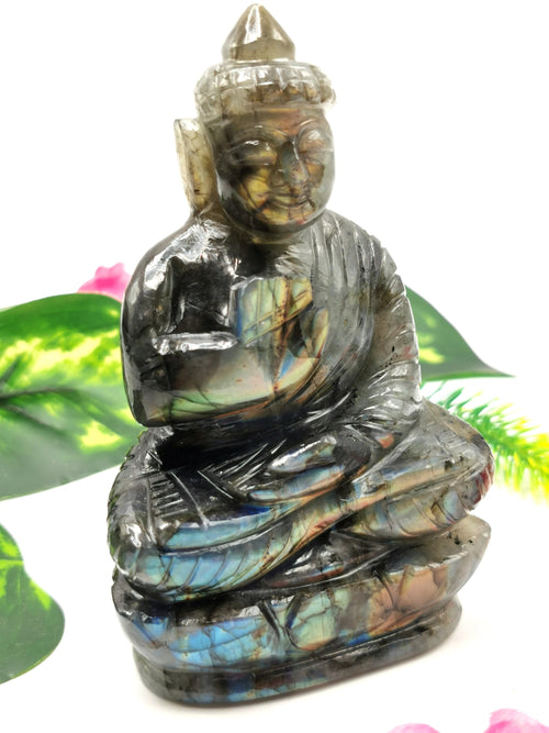 Labradorite Buddha handmade carving - 4 inches and 310 gms (0.68 lb)