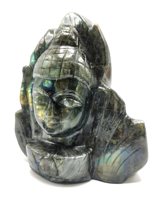 Lord Buddha Head on leaf Carving in Labradorite gemstone- handmade carving of serene and meditating Lord Buddha - crystal/reiki/chakra - 6 inches and 1.79 kg
