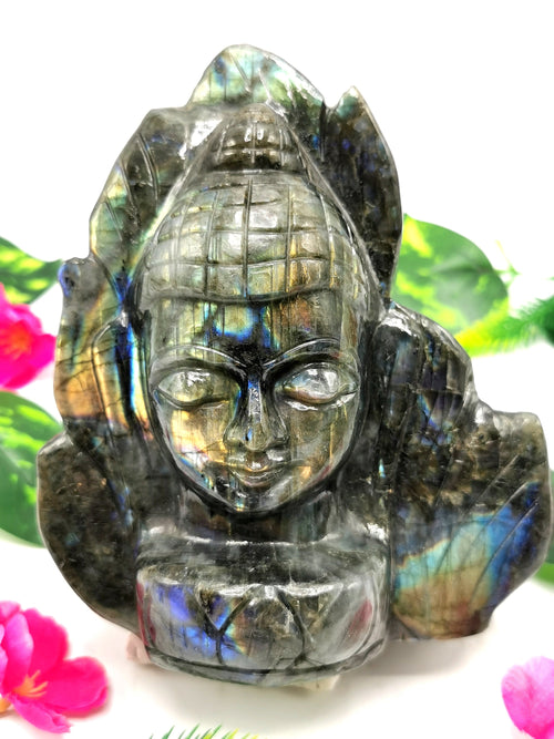 Lord Buddha Head on leaf Carving in Labradorite gemstone- handmade carving of serene and meditating Lord Buddha - crystal/reiki/chakra - 6 inches and 1.79 kg