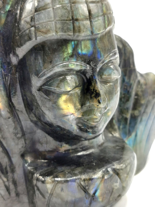 Lord Buddha Head on leaf Carving in Labradorite gemstone- handmade carving of serene and meditating Lord Buddha - crystal/reiki/chakra - 6 inches and 1.79 kg