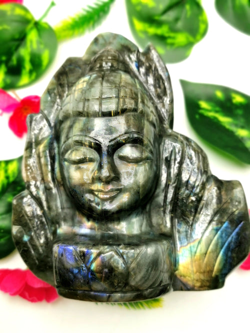 Lord Buddha Head on leaf Carving in Labradorite gemstone- handmade carving of serene and meditating Lord Buddha - crystal/reiki/chakra - 6 inches and 1.79 kg