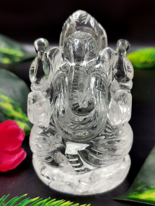 Ganesh figurine in Clear Quartz Handmade Carving - Ganesha Idol |Sculpture in Crystals and Gemstones - 3.5 inch and 280 gms - ONE STATUE ONLY