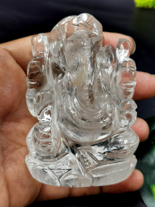 Ganesha in Clear Quartz Handmade Carving - Ganesha Idol |Sculpture in Crystals and Gemstones - 3 inches and 245 gms - ONE STATUE ONLY
