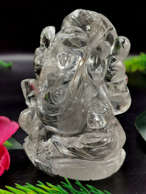 Ganesha in Clear Quartz Handmade Carving - Ganesha Idol |Sculpture in Crystals and Gemstones - 3 inches and 245 gms - ONE STATUE ONLY