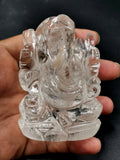 Ganesha in Clear Quartz Handmade Carving - Ganesha Idol |Sculpture in Crystals and Gemstones - 3 inches and 245 gms - ONE STATUE ONLY