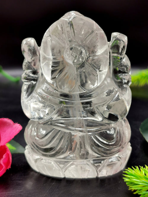 Ganesha in Clear Quartz Handmade Carving - Ganesha Idol |Sculpture in Crystals and Gemstones - 3 inches and 245 gms - ONE STATUE ONLY