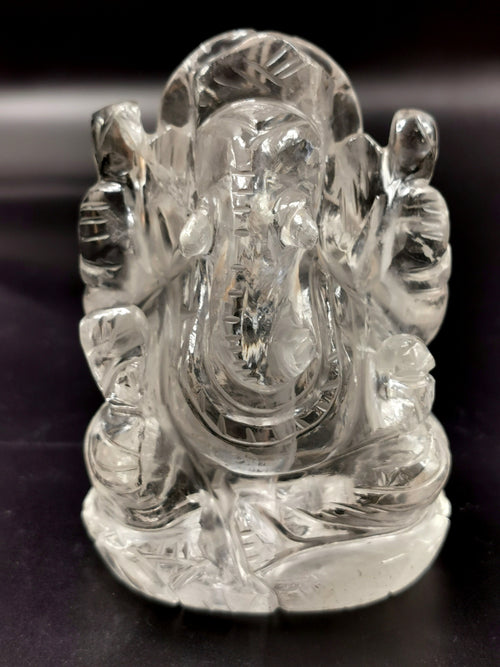 Ganesha in Clear Quartz Handmade Carving - Ganesha Idol |Sculpture in Crystals and Gemstones - 3 inches and 245 gms - ONE STATUE ONLY