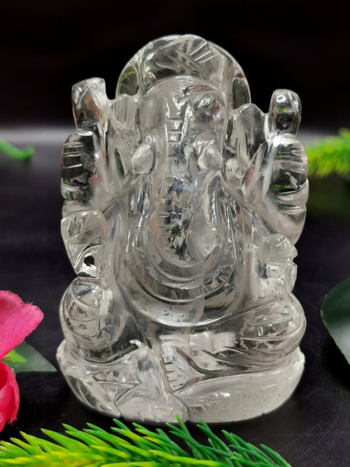 Ganesha in Clear Quartz Handmade Carving - Ganesha Idol |Sculpture in Crystals and Gemstones - 3 inches and 245 gms - ONE STATUE ONLY
