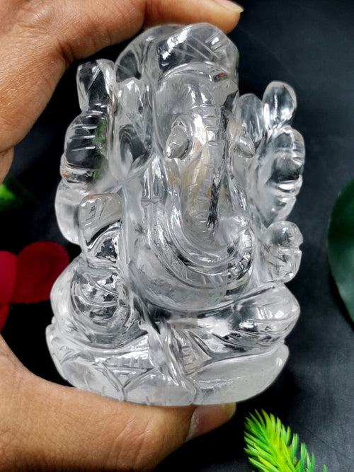 Ganesha in Clear Quartz Handmade Carving - Ganesha Idol |Sculpture in Crystals and Gemstones - 3 inches and 245 gms - ONE STATUE ONLY
