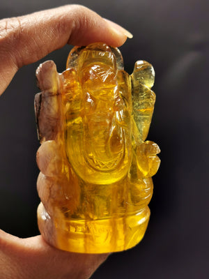 Yellow Fluorite Handmade Carving of Ganesh - Lord Ganesha Idol/Murti in Crystals and Gemstones -Reiki/Chakra/Healing - 2.5 in and 175 gm