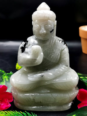 Gemstone Buddha in Moonstone - handmade carving of serene and meditating Lord Buddha - crystal/reiki/healing - 5 inches and 540 gms (1.19 lb)