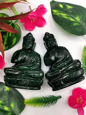 Crystal Dark Green Aventurine Buddha - handmade carving of serene and meditating Lord Buddha - 3.5 in and 0.18 kg - ONE STATUE ONLY