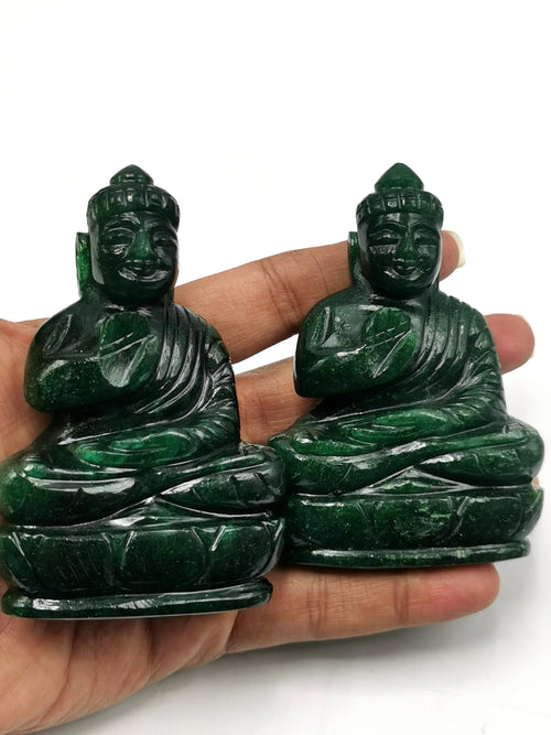Crystal Dark Green Aventurine Buddha - handmade carving of serene and meditating Lord Buddha - 3.5 in and 0.18 kg - ONE STATUE ONLY