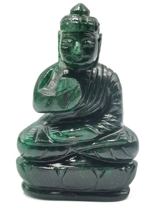 Crystal Dark Green Aventurine Buddha - handmade carving of serene and meditating Lord Buddha - 3.5 in and 0.18 kg - ONE STATUE ONLY
