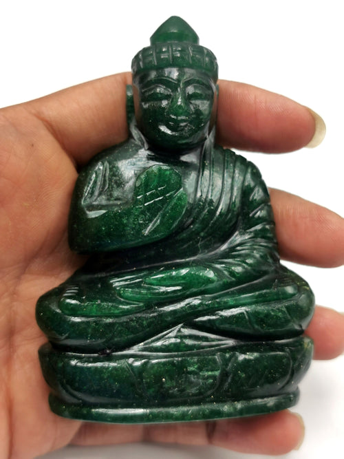 Crystal Dark Green Aventurine Buddha - handmade carving of serene and meditating Lord Buddha - 3.5 in and 0.18 kg - ONE STATUE ONLY