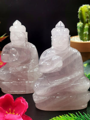 Gemstone Rose Quartz Buddha - handmade carving of serene and meditating Lord Buddha - crystal/reiki/healing - 4.5 inch and 0.30 kg - ONE STATUE ONLY