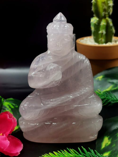 Gemstone Rose Quartz Buddha - handmade carving of serene and meditating Lord Buddha - crystal/reiki/healing - 4.5 inch and 0.30 kg - ONE STATUE ONLY