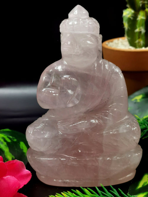 Gemstone Rose Quartz Buddha - handmade carving of serene and meditating Lord Buddha - crystal/reiki/healing - 4.5 inch and 0.30 kg - ONE STATUE ONLY