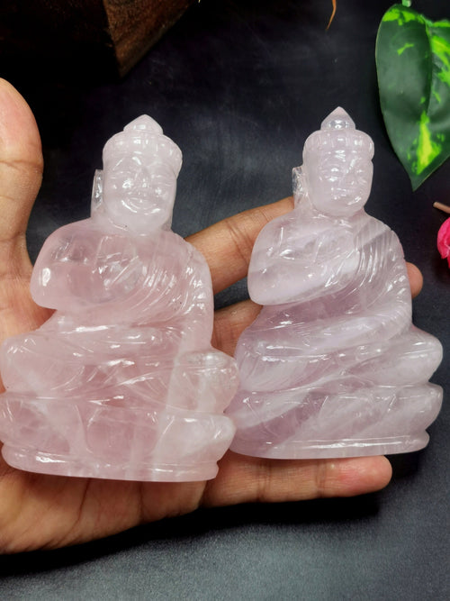 Gemstone Rose Quartz Buddha - handmade carving of serene and meditating Lord Buddha - crystal/reiki/healing - 4.5 inch and 0.30 kg - ONE STATUE ONLY