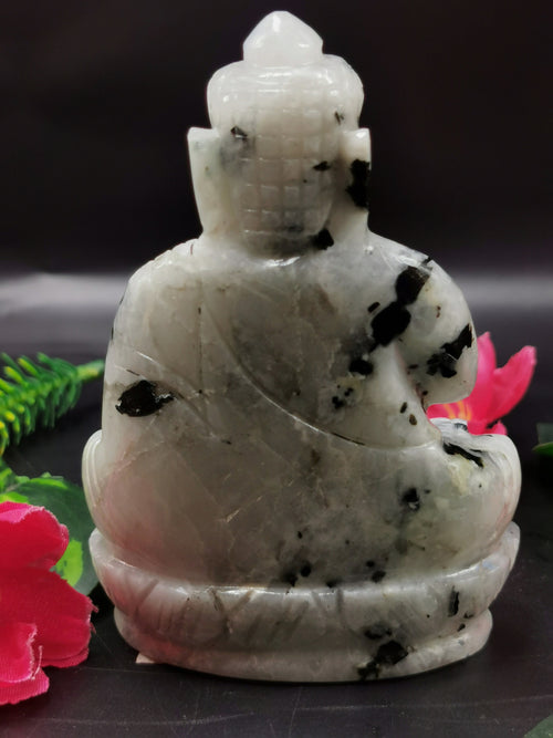 Gemstone Moonstone Buddha - handmade carving of serene and meditating Lord Buddha - crystal/reiki/healing - 4 inches and 295 gms (0.65 lb)