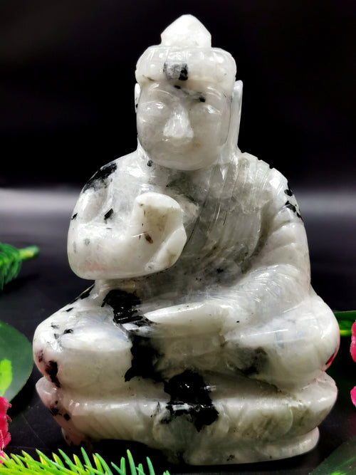 Gemstone Moonstone Buddha - handmade carving of serene and meditating Lord Buddha - crystal/reiki/healing - 4 inches and 295 gms (0.65 lb)