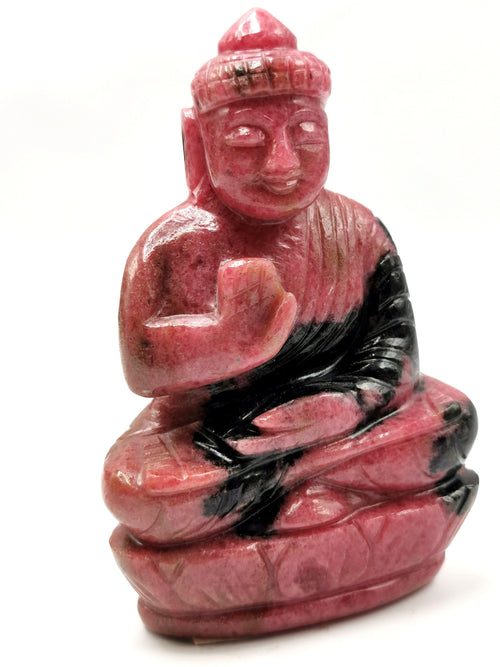 Gemstone Rhodonite Buddha - handmade carving of serene and meditating Lord Buddha - crystal/reiki/healing - 4.5 inches and 470 gms (1.03 lb)