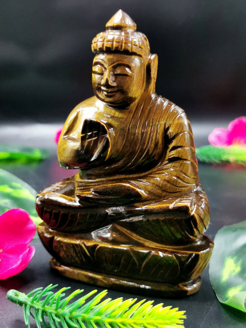 Tiger Eye gemstone Buddha - handmade carving of serene and meditating Lord Buddha - crystal/reiki/healing - 4 inches and 237 gms (0.5 lb)