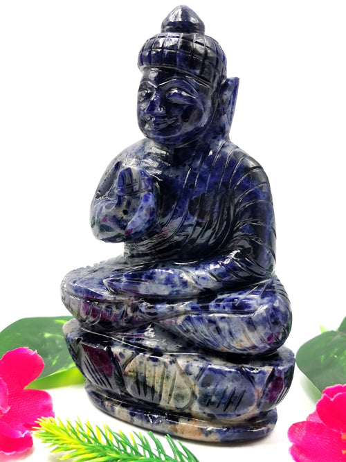Sodalite Buddha - handmade carving of serene and meditating Lord Buddha - crystal/reiki/healing - 5.5 inches and 615 gms (1.35 lb)