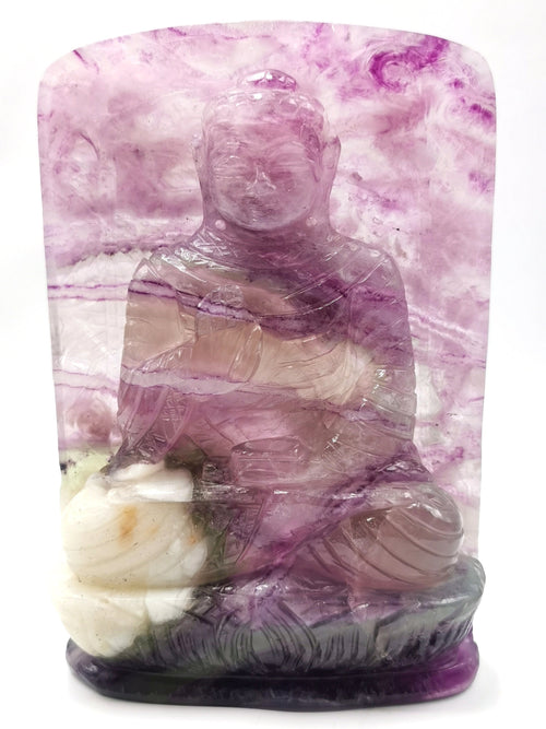 Multicolor Fluorite Buddha with back arch - handmade carving of serene and meditating Lord Buddha - crystal/reiki - 6.3 in and 0.98 kg