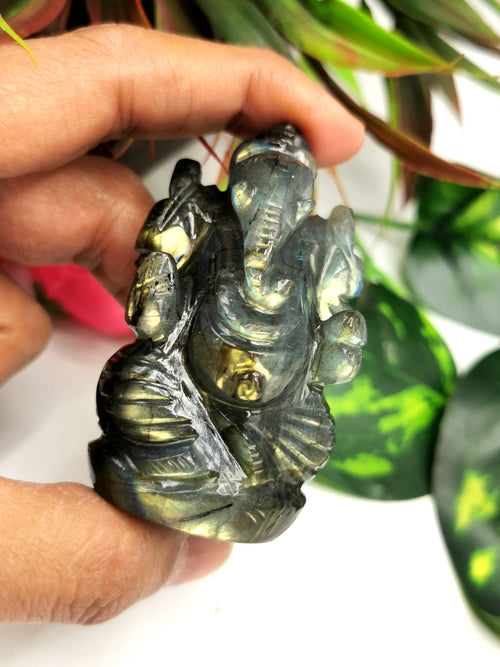 Labradorite gemstone Ganesh with beautiful flash - Lord Ganesha Idol | Figurine in Crystals and Gemstones - 2 inches and 110 gm