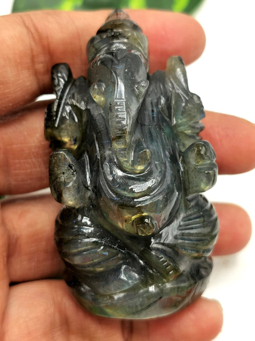 Labradorite gemstone Ganesh with beautiful flash - Lord Ganesha Idol | Figurine in Crystals and Gemstones - 2 inches and 110 gm