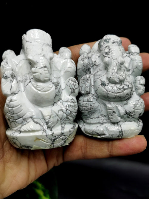 Howlite Ganesha Handmade Carving - Lord Ganesha Idol | Sculpture | Murti in Crystals -Reiki/Chakra - 2.5 in and 210 gms - ONE STATUE ONLY