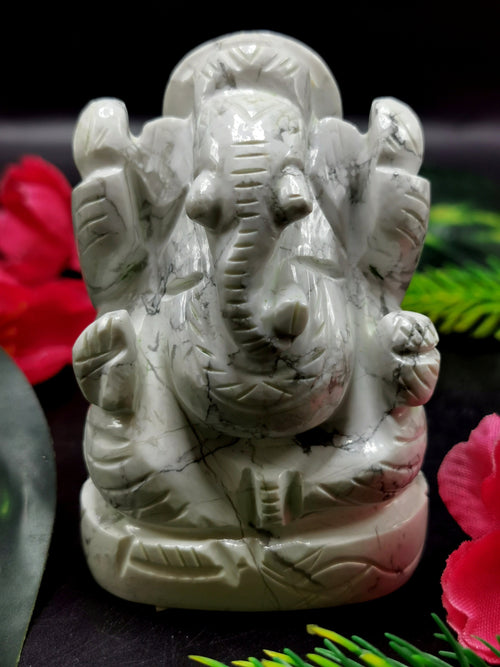 Howlite Ganesha Handmade Carving - Lord Ganesha Idol | Sculpture | Murti in Crystals -Reiki/Chakra - 2.5 in and 210 gms - ONE STATUE ONLY