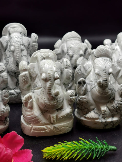 Howlite Ganesha Handmade Carving - Lord Ganesha Idol | Sculpture | Murti in Crystals -Reiki/Chakra - 2.5 in and 210 gms - ONE STATUE ONLY